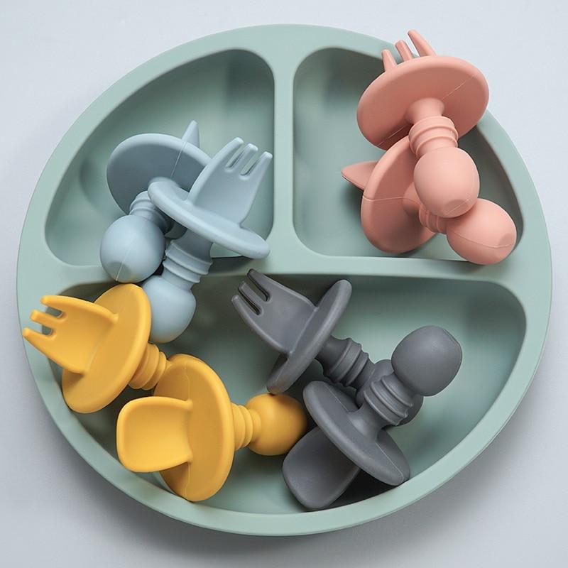 Lot De 4 Couverts Bébé Animaux - Cuillère Et Fourchette Souples Jaune & Noir | Acier Inox 304 Sécurisé